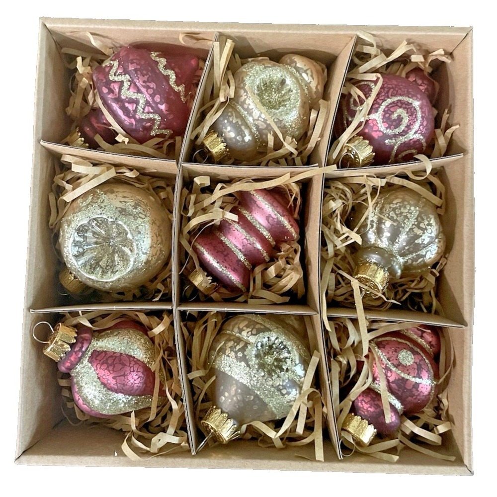 Vtg Set of 9‎ Ashland Glass Glitter Frosted Pink Gold Christmas Ornaments NIB